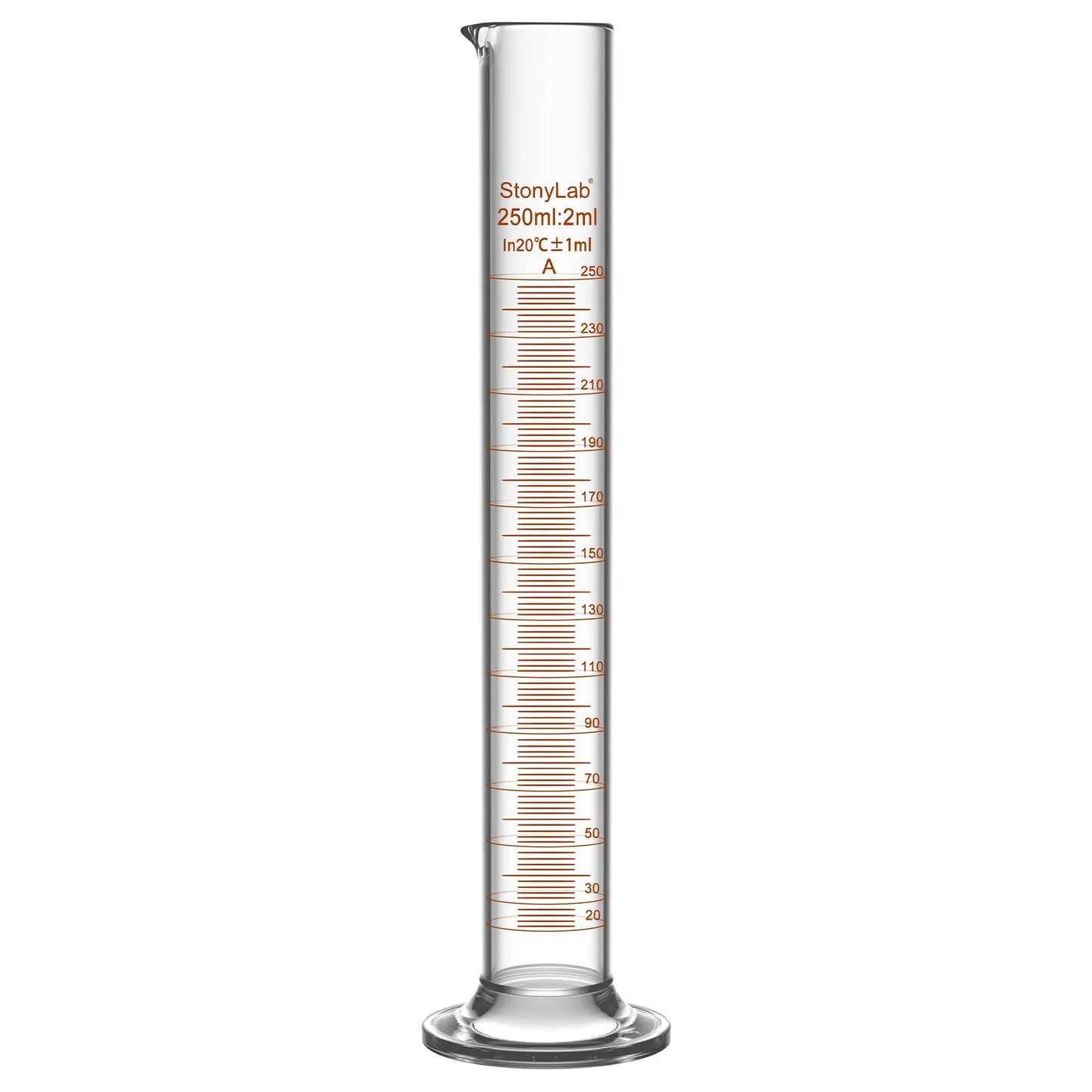 Laboratory graduated cylinder Class A accuracy borosilicate glass measuring cylinder with clear graduation scale for chemical experiments and liquid measurement StonyLab, 250 ml