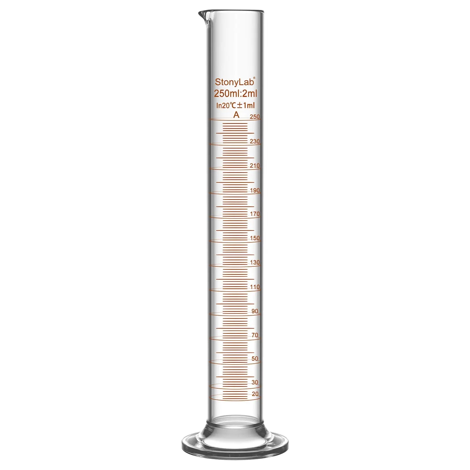 Laboratory graduated cylinder Class A accuracy borosilicate glass measuring cylinder with clear graduation scale for chemical experiments and liquid measurement StonyLab, 250 ml