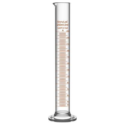 Laboratory graduated cylinder Class A accuracy borosilicate glass measuring cylinder with clear graduation scale for chemical experiments and liquid measurement StonyLab, 250 ml