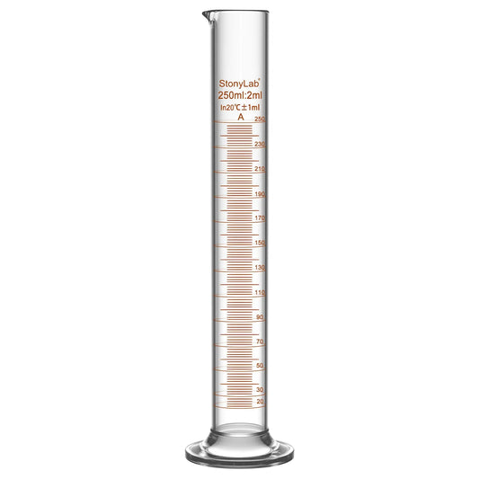 Laboratory graduated cylinder Class A accuracy borosilicate glass measuring cylinder with clear graduation scale for chemical experiments and liquid measurement StonyLab, 250 ml