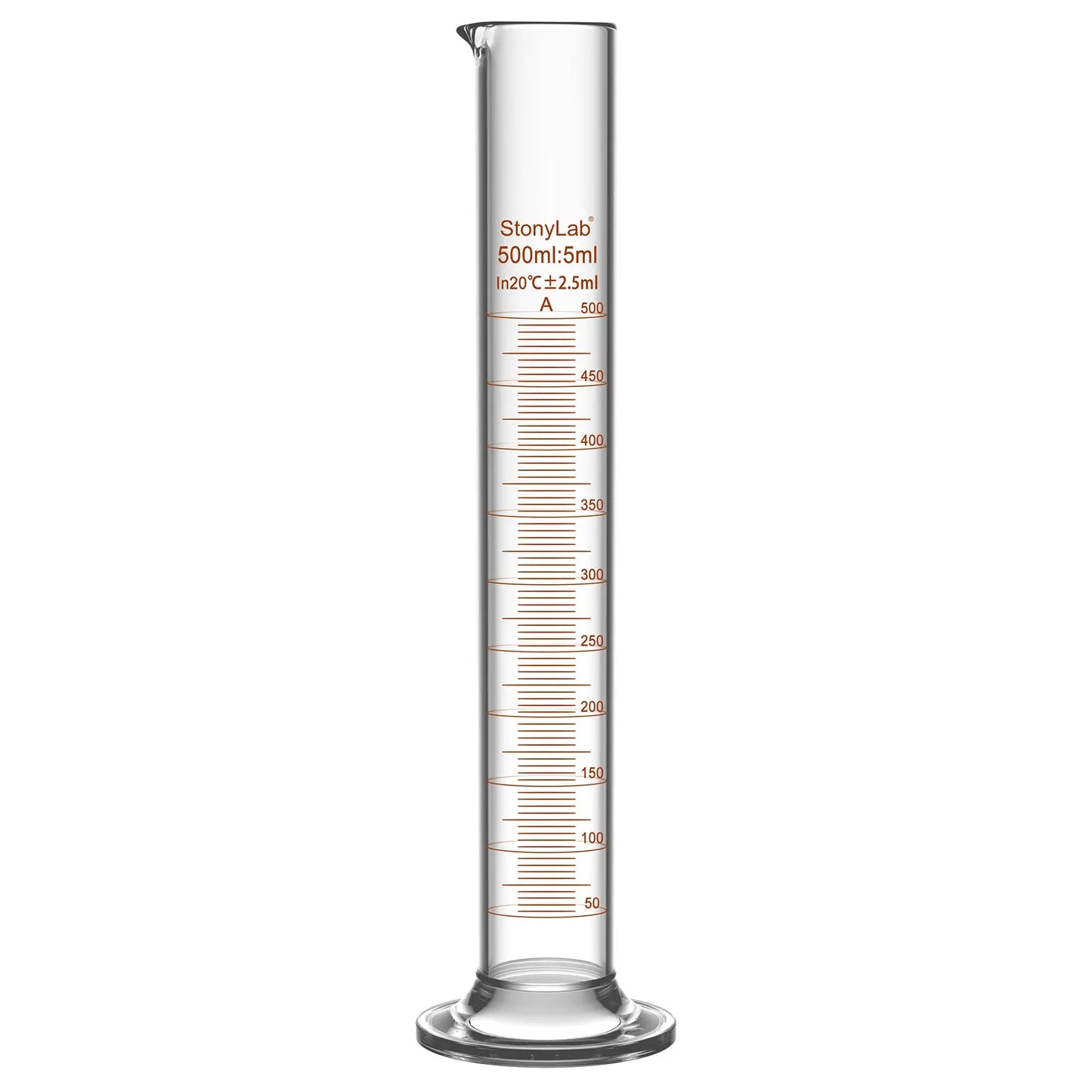 Laboratory graduated cylinder Class A accuracy borosilicate glass measuring cylinder with clear graduation scale for chemical experiments and liquid measurement StonyLab, 500 ml