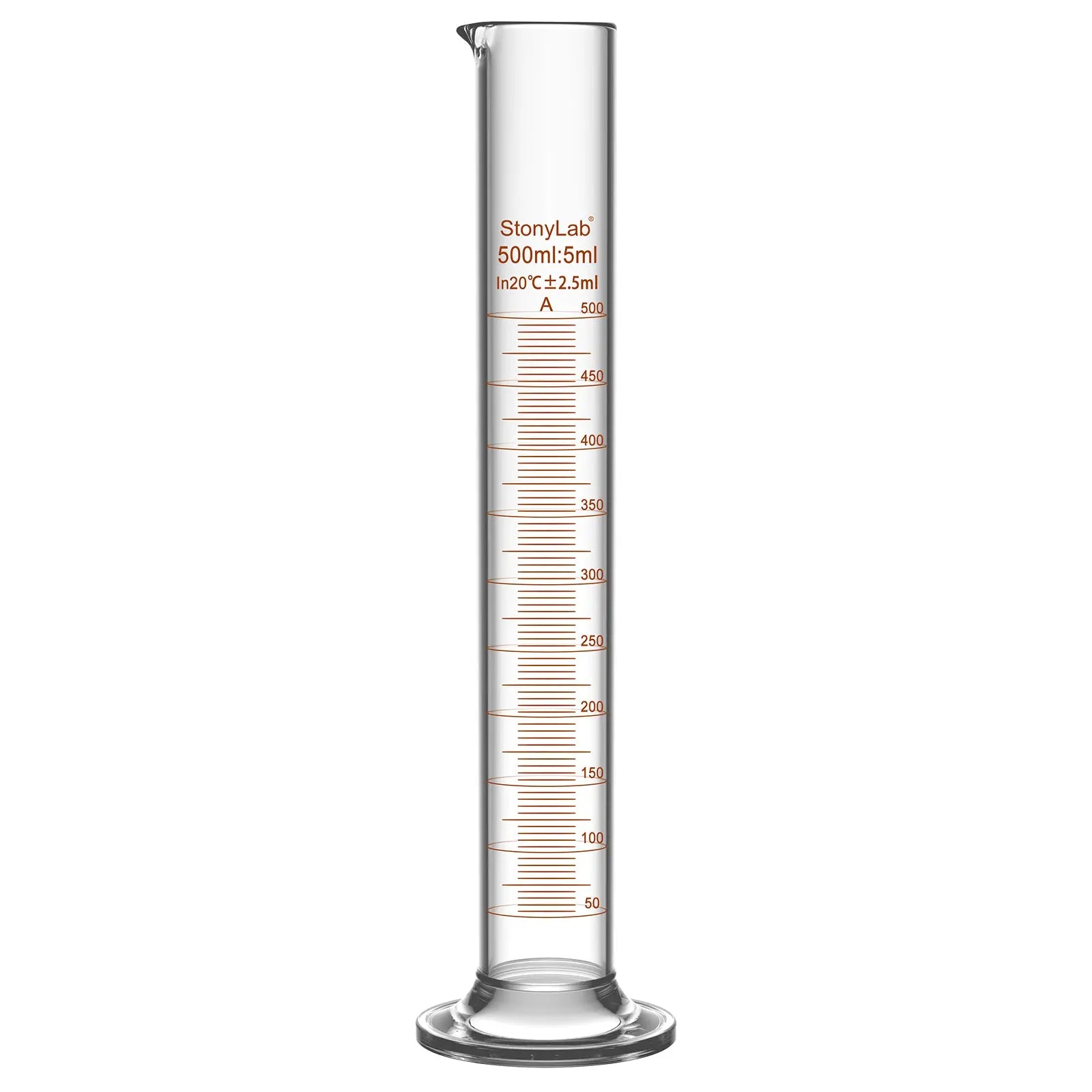 Laboratory graduated cylinder Class A accuracy borosilicate glass measuring cylinder with clear graduation scale for chemical experiments and liquid measurement StonyLab, 500 ml