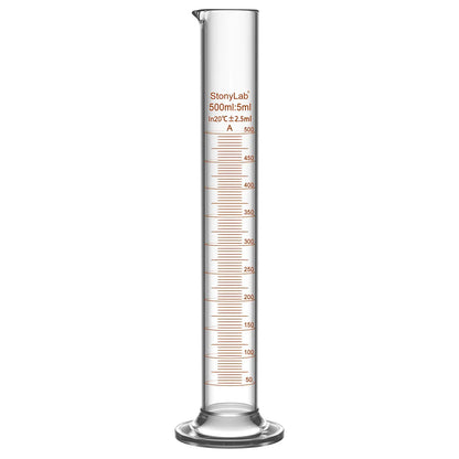 Laboratory graduated cylinder Class A accuracy borosilicate glass measuring cylinder with clear graduation scale for chemical experiments and liquid measurement StonyLab, 500 ml