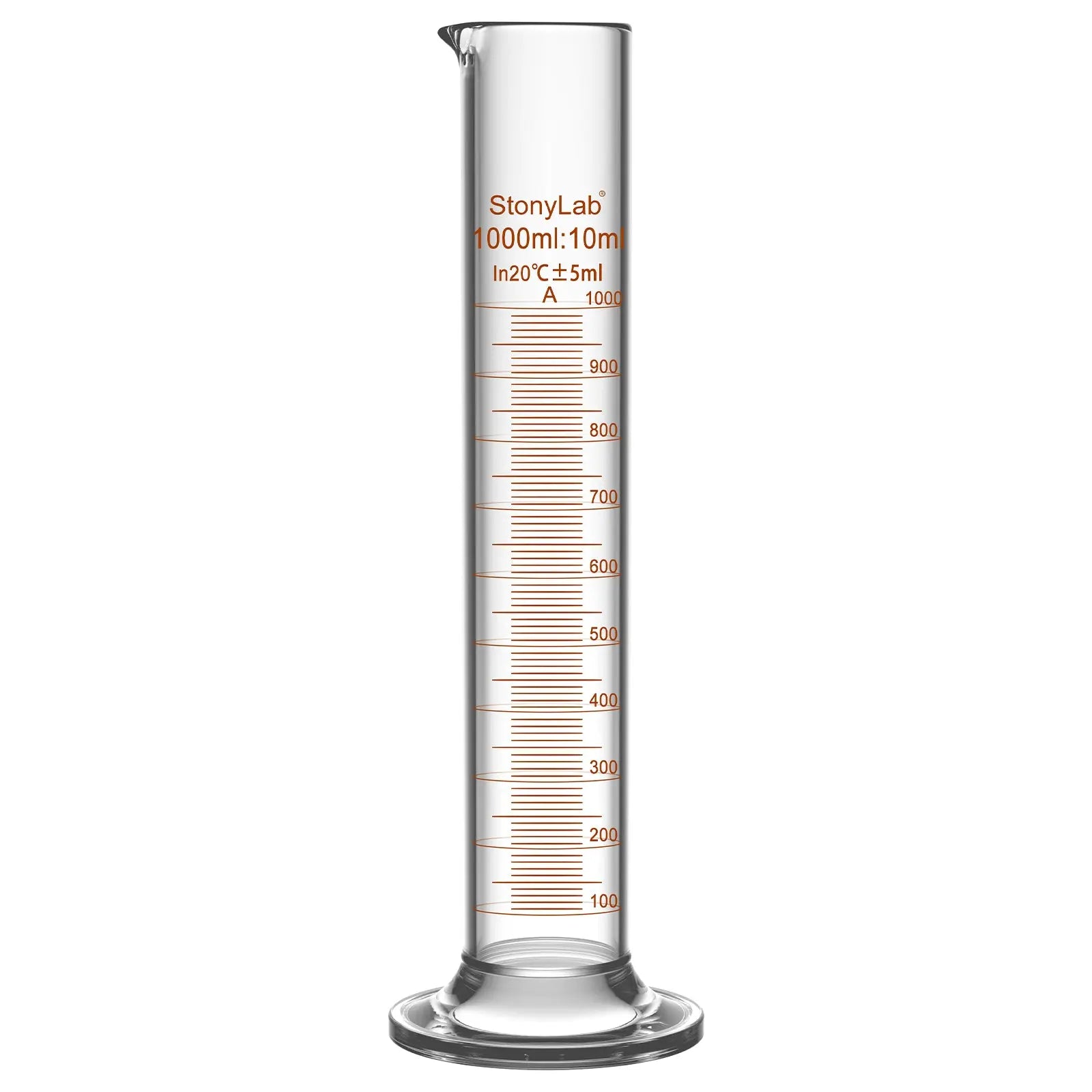 Laboratory graduated cylinder Class A accuracy borosilicate glass measuring cylinder with clear graduation scale for chemical experiments and liquid measurement StonyLab, 1000 ml