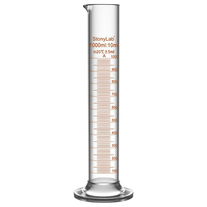 Laboratory graduated cylinder Class A accuracy borosilicate glass measuring cylinder with clear graduation scale for chemical experiments and liquid measurement StonyLab, 1000 ml