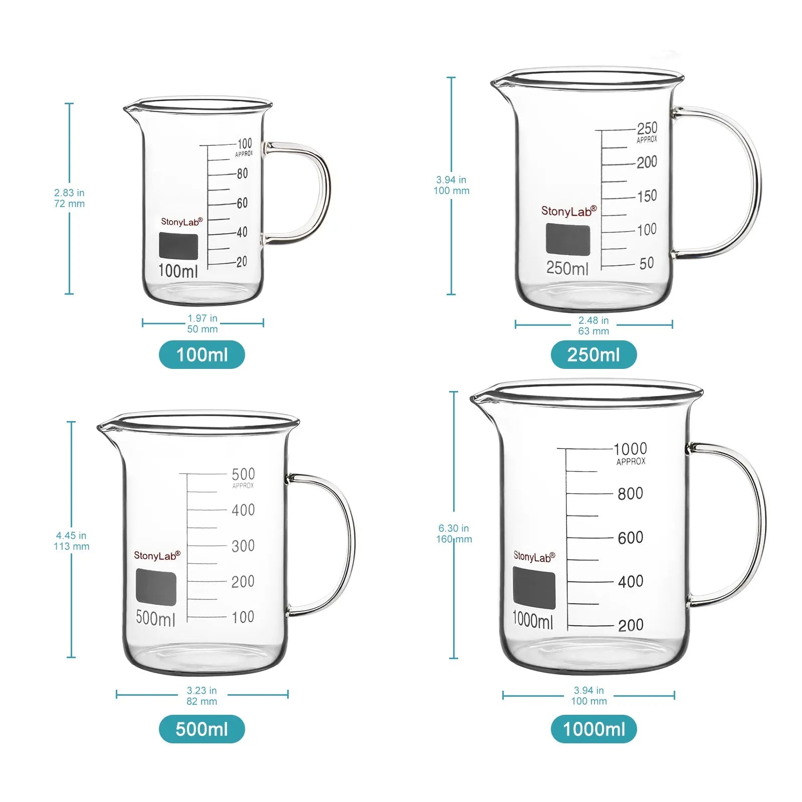 Close-up view showing the precise design and material of StonyLab Graduated Glass Beaker with Handle