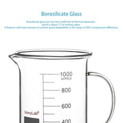 Side view and dimensional layout of the durable StonyLab Graduated Glass Beaker with Handle