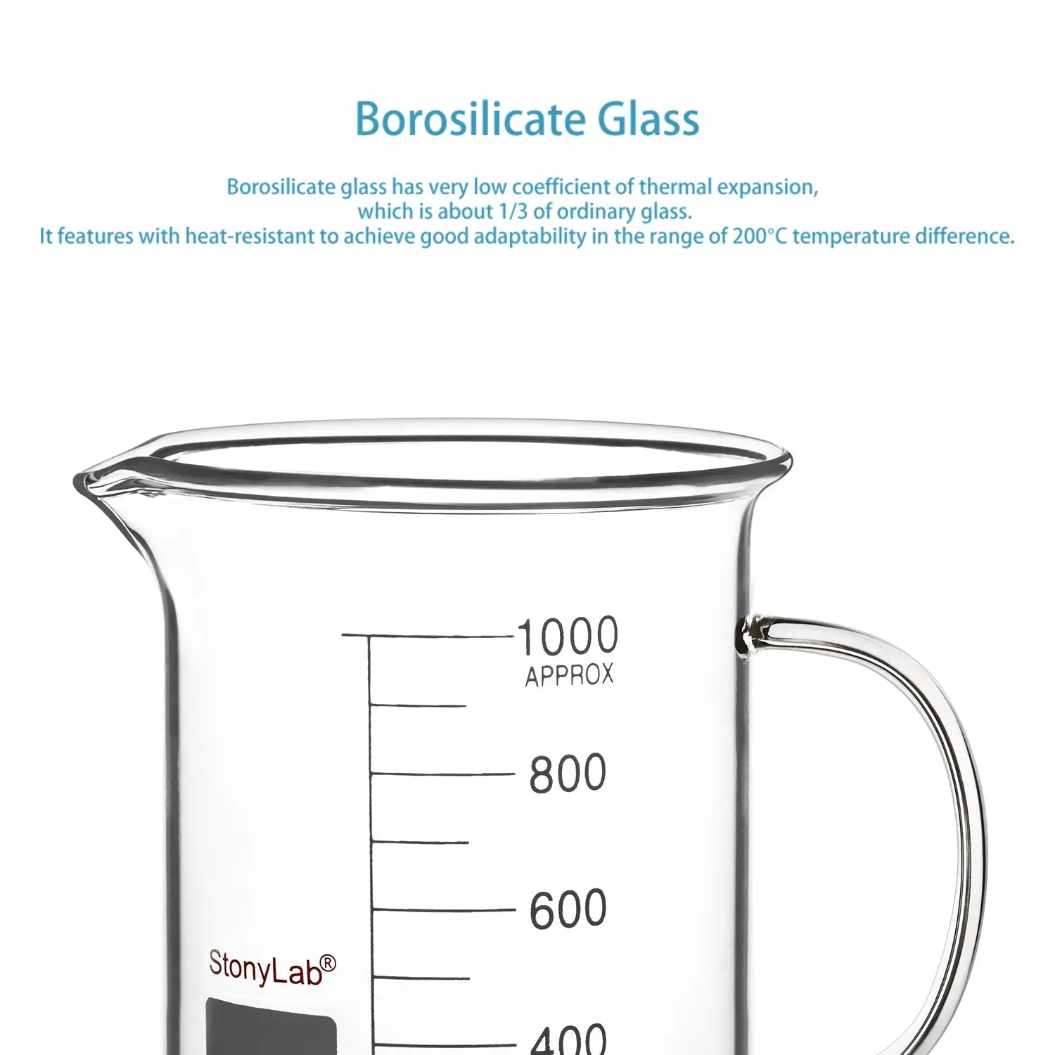Side view and dimensional layout of the durable StonyLab Graduated Glass Beaker with Handle