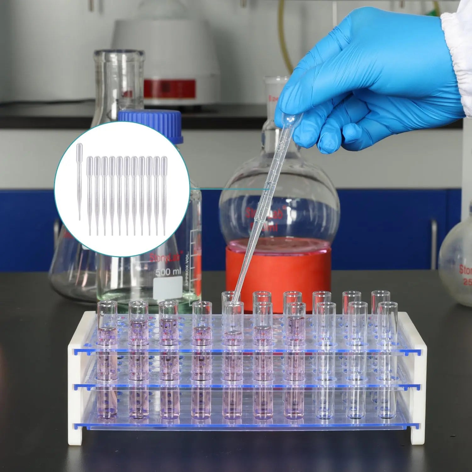 Comprehensive product view and setup components for StonyLab Graduated Plastic Pipette Droppers