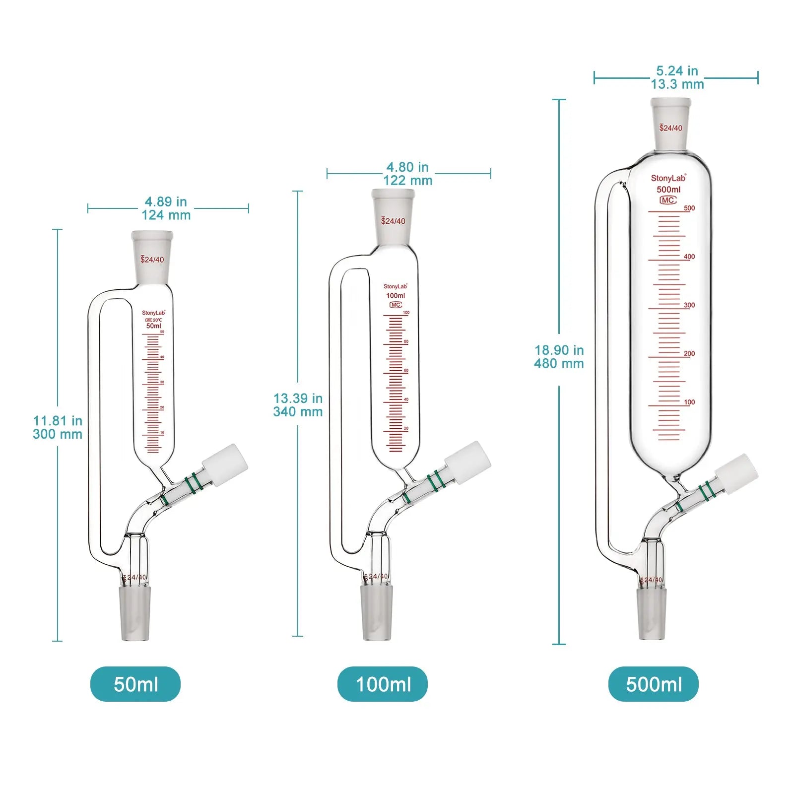Close-up view showing the precise design and material of StonyLab Graduated Pressure Equalizing Addition Funnel