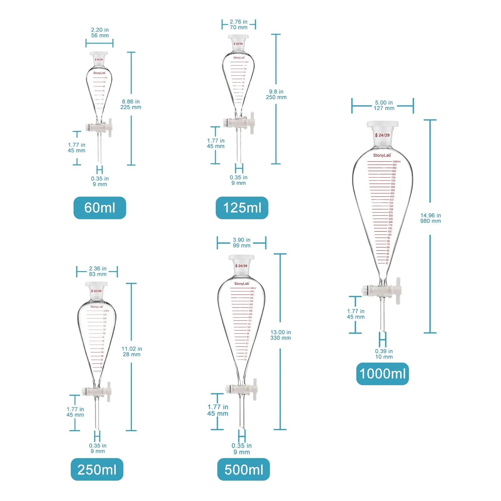 Close-up view showing the precise design and material of StonyLab Graduated Separatory Funnel with 24