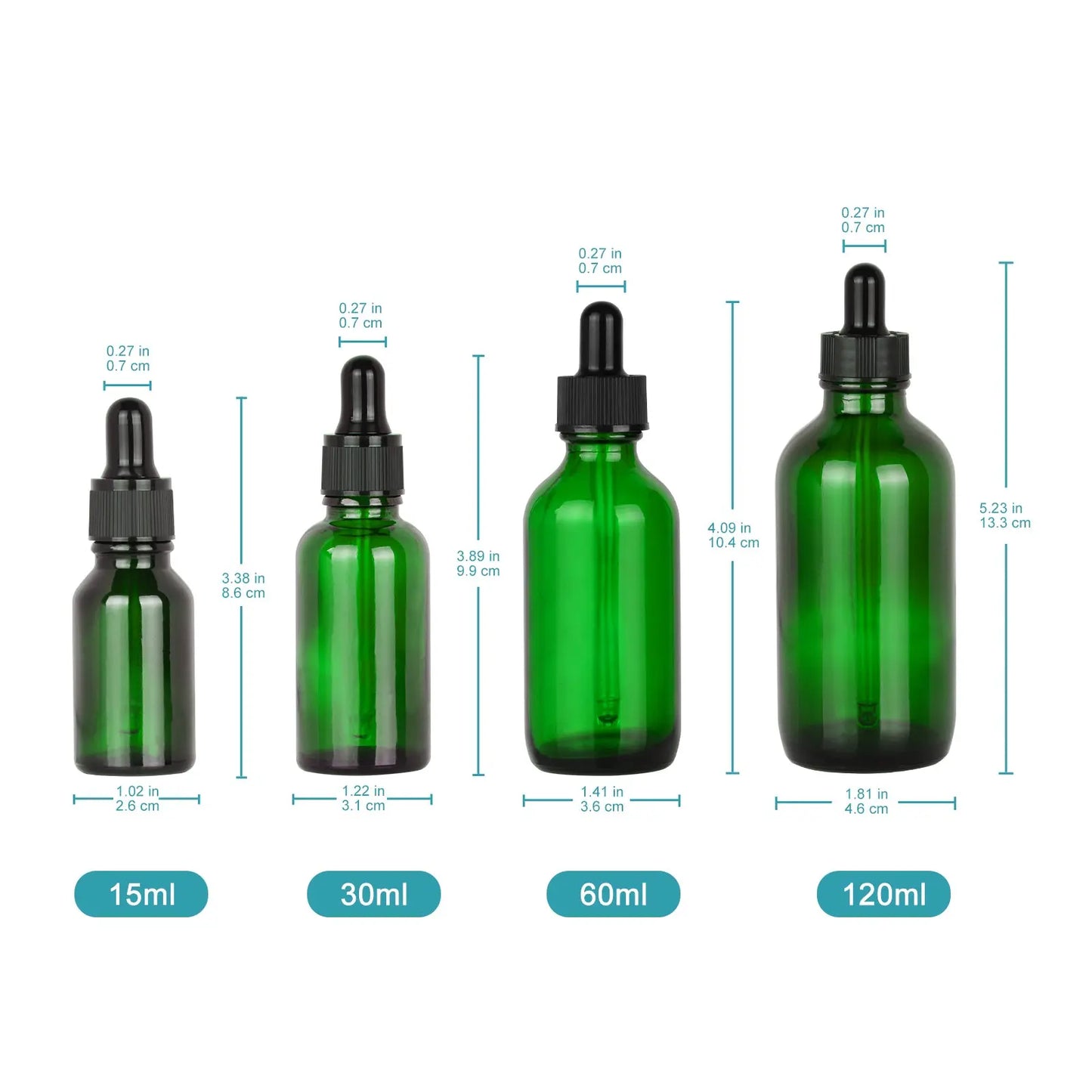 Green Dropper Bottle, Glass Dropper with Inner Plug and Label, 15-120 ml Bottles-Dropper Bottles