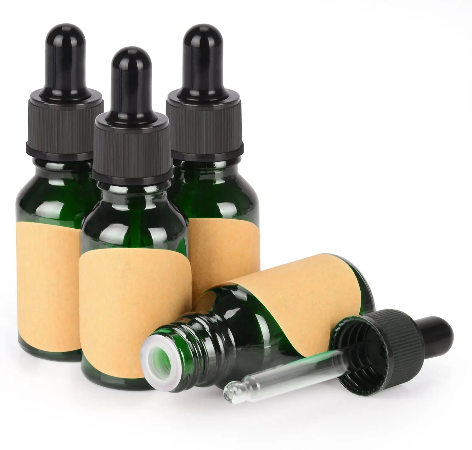Green Dropper Bottle, Glass Dropper with Inner Plug and Label, 15-120 ml Bottles-Dropper Bottles 15-ml-4-Pack