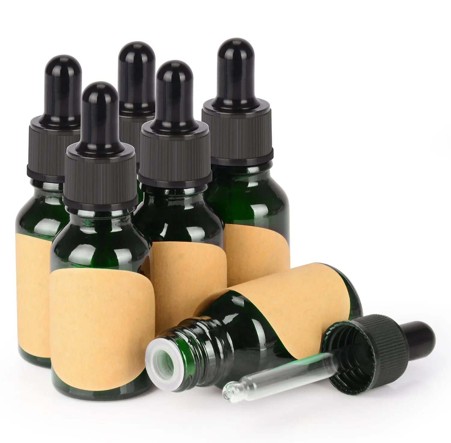 Green Dropper Bottle, Glass Dropper with Inner Plug and Label, 15-120 ml Bottles-Dropper Bottles 15-ml-6-Pack