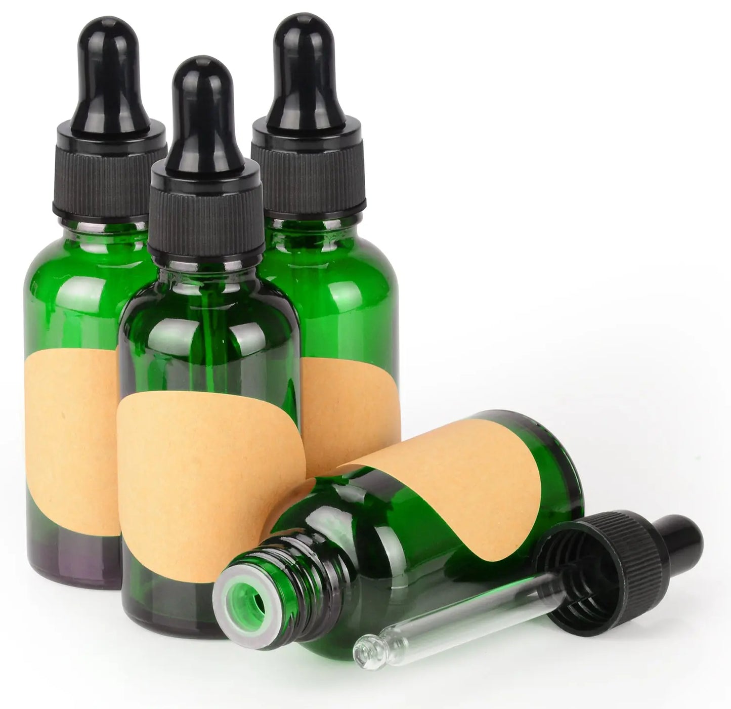 Green Dropper Bottle, Glass Dropper with Inner Plug and Label, 15-120 ml Bottles-Dropper Bottles 30-ml-4-Pack