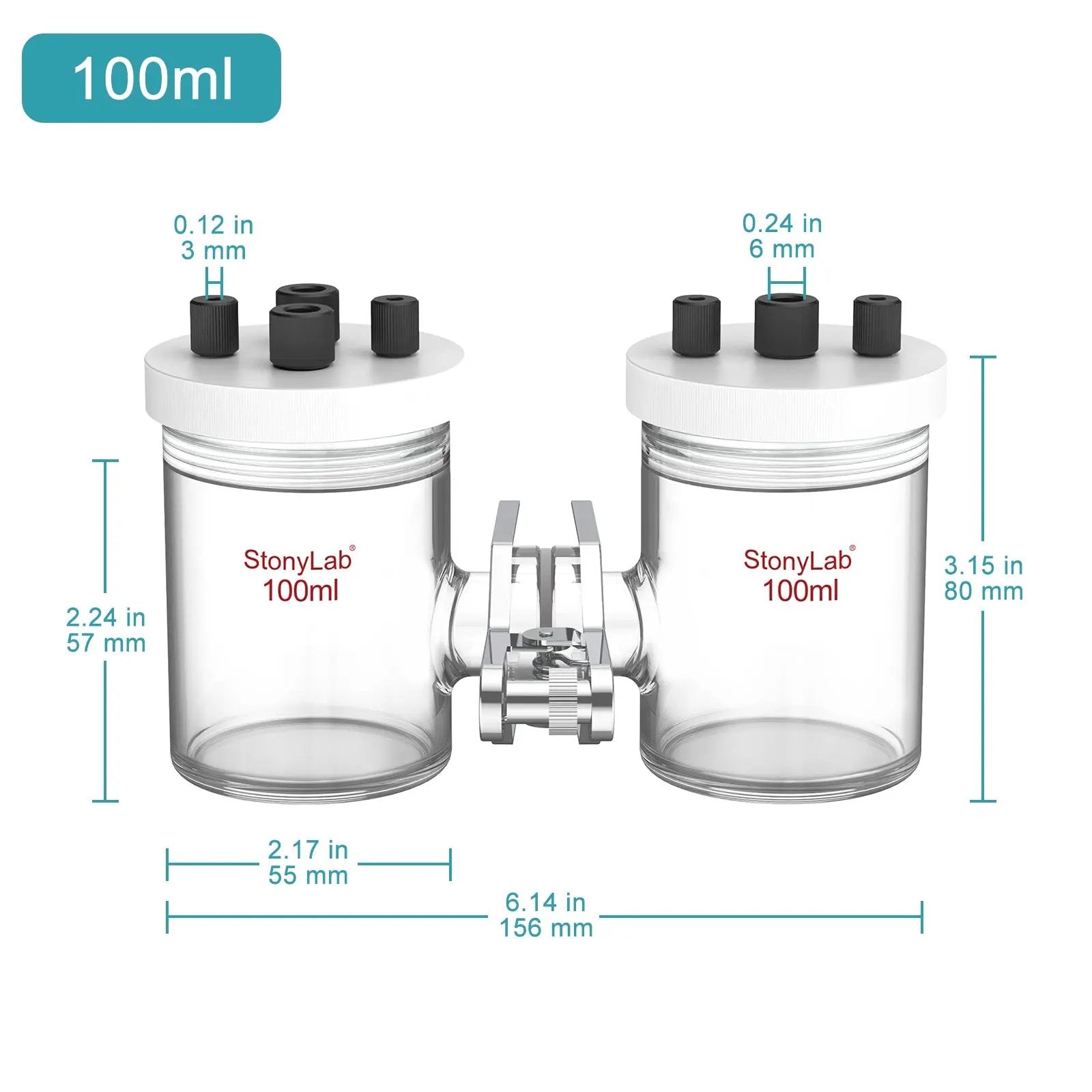 Side view and dimensional layout of the durable StonyLab H-Type Electrolytic Cells [50-500 ml]
