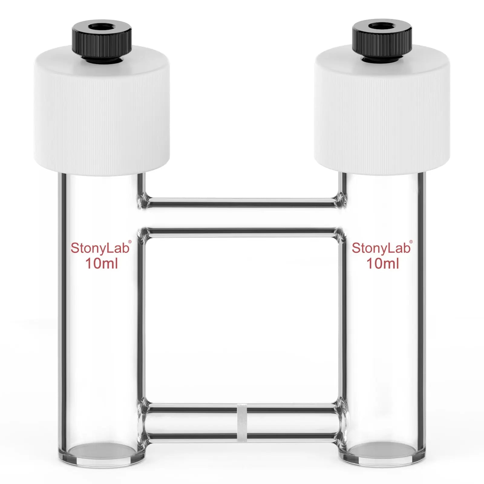 Close-up view showing the precise design and material of StonyLab H-Type Electrolytic Cells with Fine Glass Frit Salt Bridge [5-15 ml]