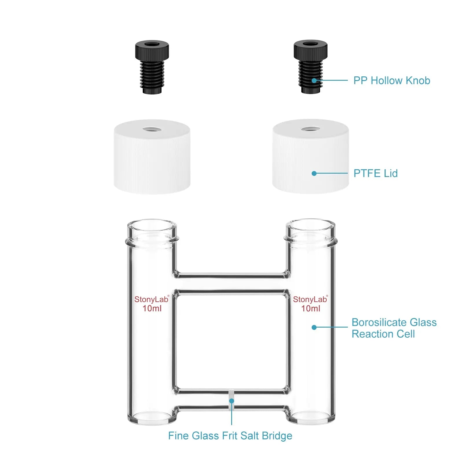 Detailed structural assembly component for StonyLab H-Type Electrolytic Cells with Fine Glass Frit Salt Bridge [5-15 ml]