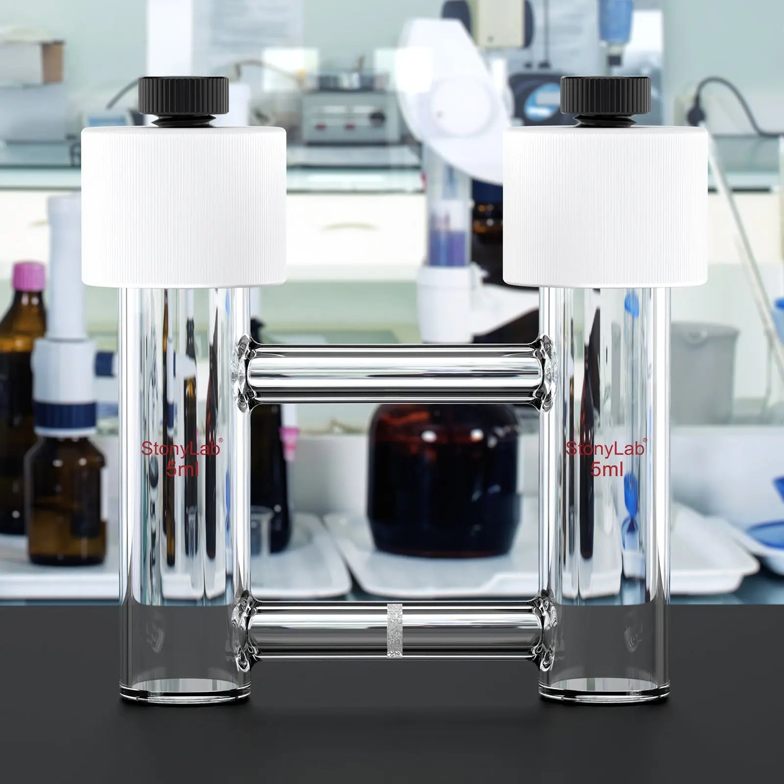 Comprehensive product view and setup components for StonyLab H-Type Electrolytic Cells with Fine Glass Frit Salt Bridge [5-15 ml]