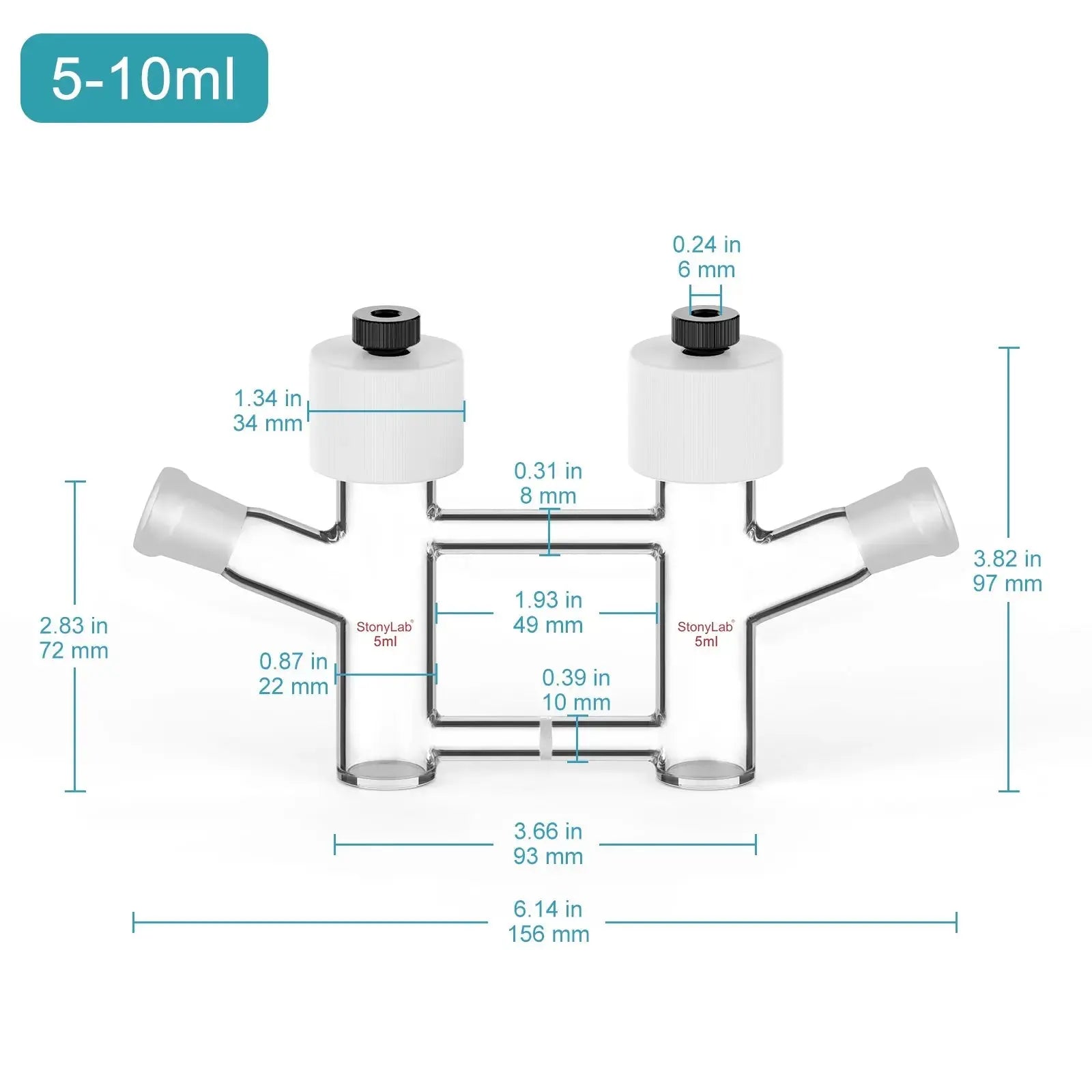 Side view and dimensional layout of the durable StonyLab H-Type Electrolytic Cells with Fine Glass Frit Salt Bridge