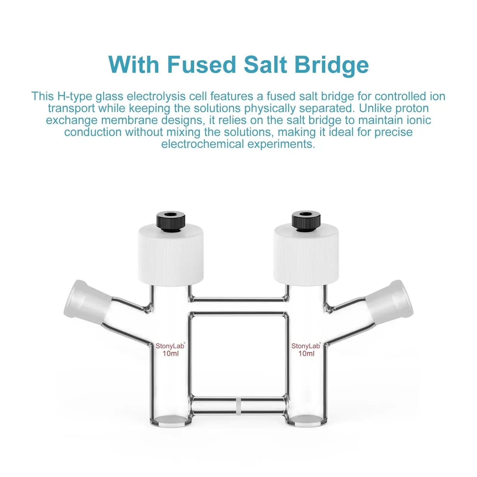 Alternative angle showing underlying build quality of StonyLab H-Type Electrolytic Cells with Fine Glass Frit Salt Bridge