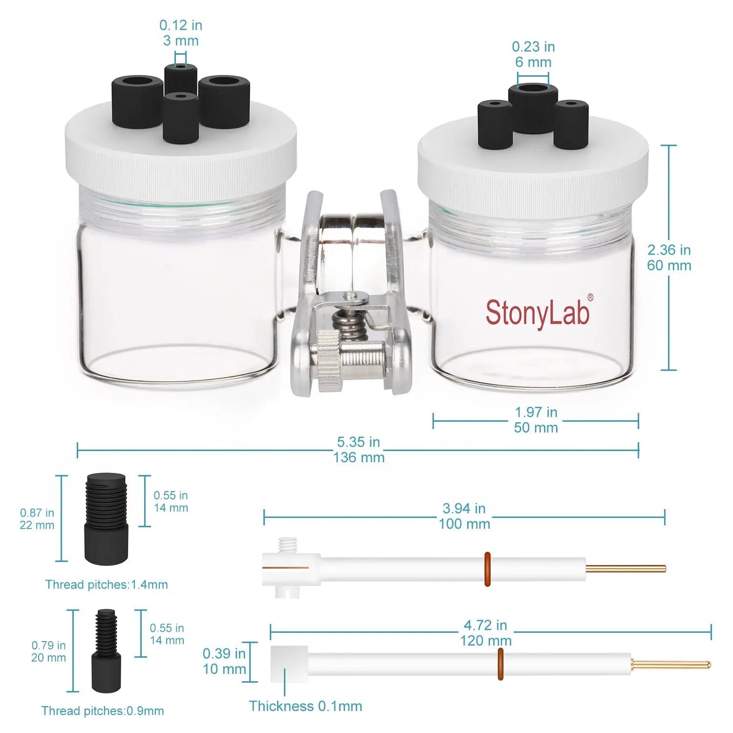 H-Type Electrolytic Cells with PTFE Lids and Electrodes Electrochemistry - Electrolyzer 50-ml