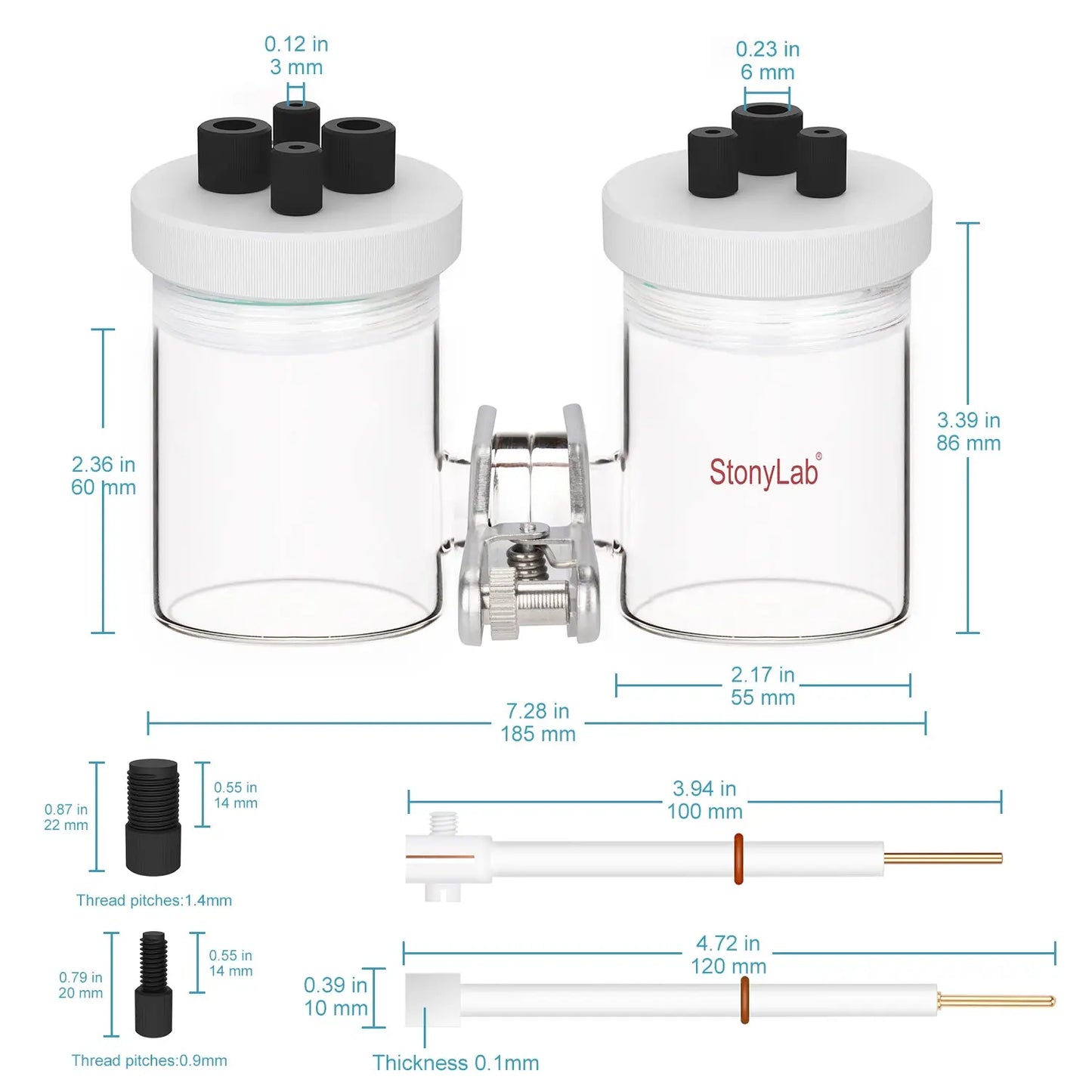 H-Type Electrolytic Cells with PTFE Lids and Electrodes Electrochemistry - Electrolyzer 100-ml