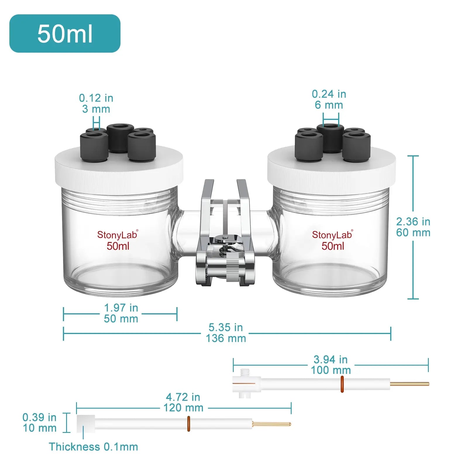 Close-up view showing the precise design and material of StonyLab H-Type Electrolytic Cells with Two Electrodes [50-500 ml]