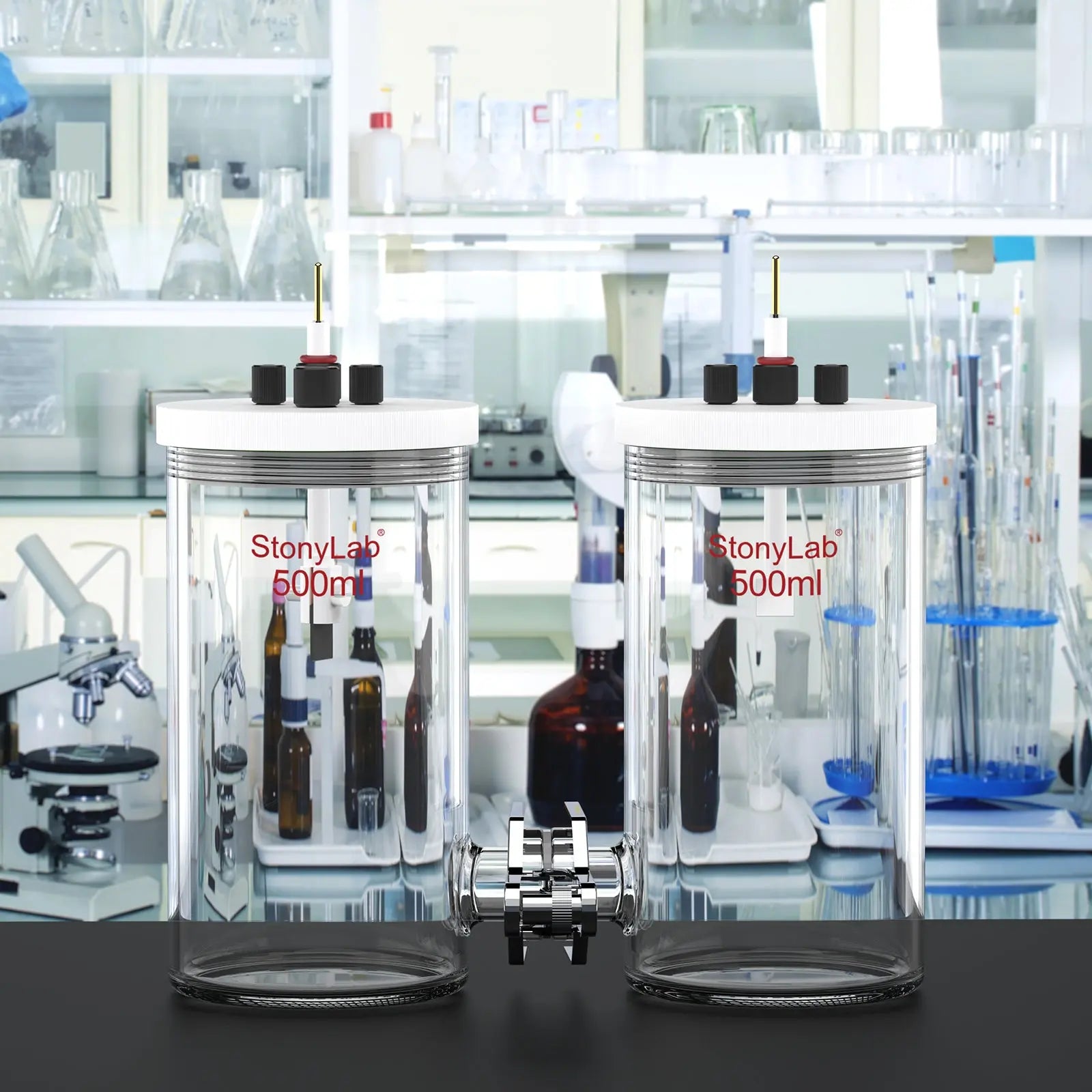 Comprehensive product view and setup components for StonyLab H-Type Electrolytic Cells with Two Electrodes [50-500 ml]
