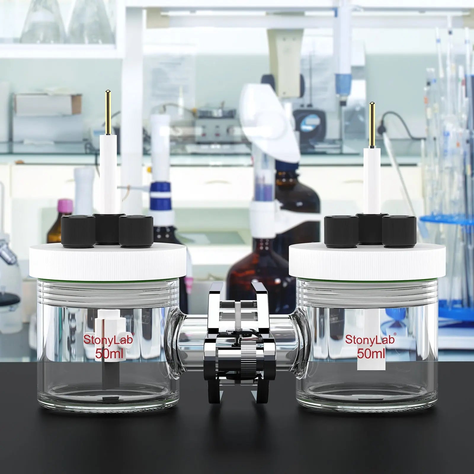 Comprehensive product view and setup components for StonyLab H-Type Electrolytic Cells with Two Electrodes [50-500 ml]