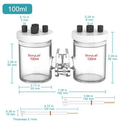 Side view and dimensional layout of the durable StonyLab H-Type Electrolytic Cells with Two Electrodes [50-500 ml]
