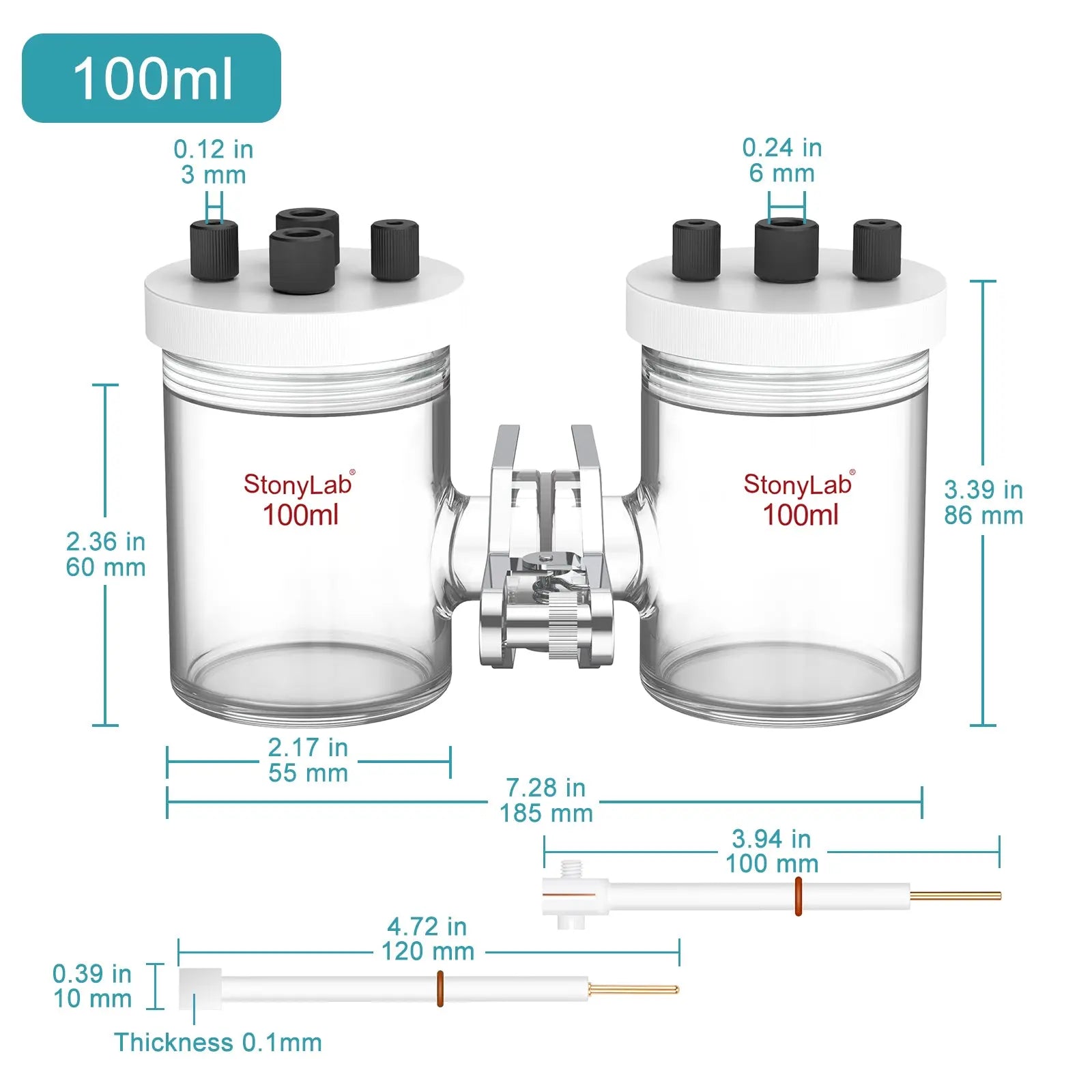 Side view and dimensional layout of the durable StonyLab H-Type Electrolytic Cells with Two Electrodes [50-500 ml]