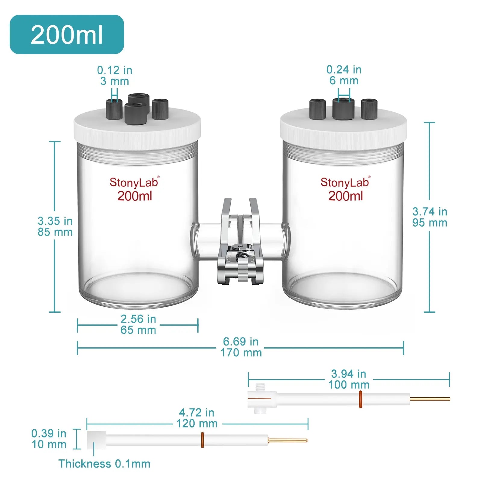 StonyLab H-Type Electrolytic Cells with Two Electrodes [50-500 ml] heavy duty chemical processing configuration