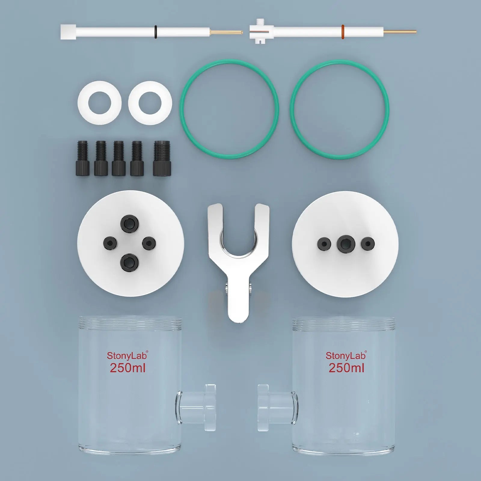 Comprehensive product view and setup components for StonyLab H-Type Electrolytic Cells with Two Electrodes [50-500 ml]