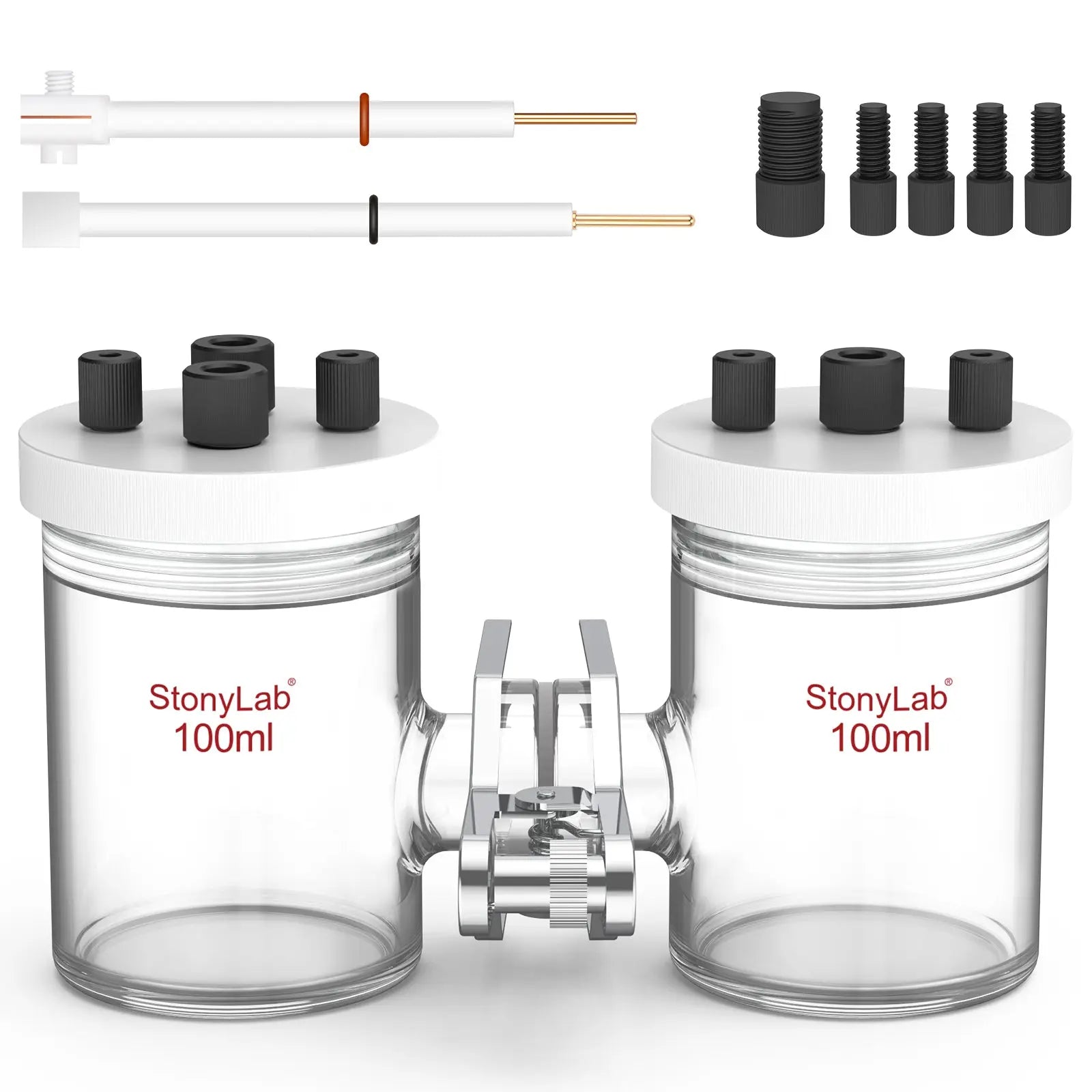 Comprehensive product view and setup components for StonyLab H-Type Electrolytic Cells with Two Electrodes [50-500 ml]