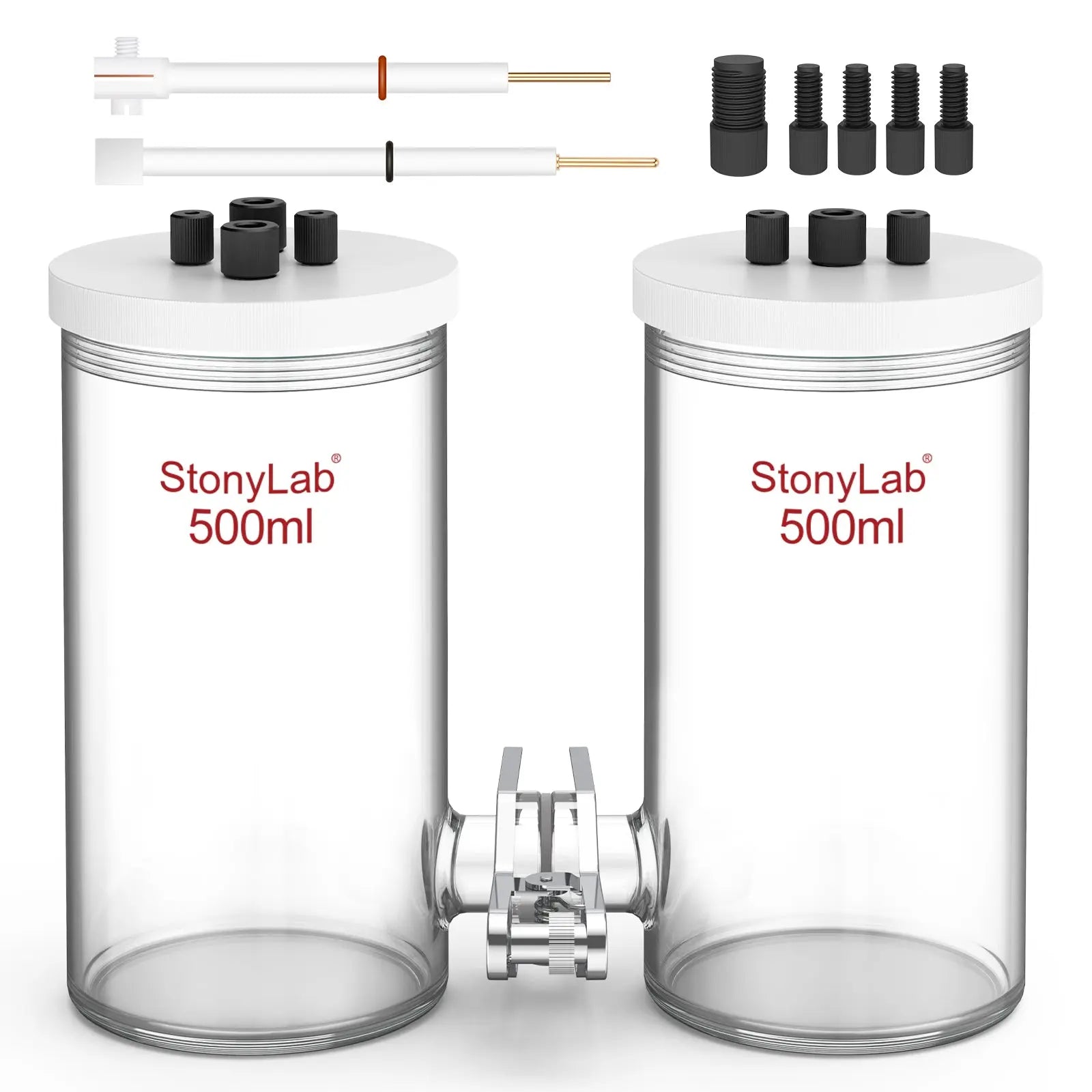 Comprehensive product view and setup components for StonyLab H-Type Electrolytic Cells with Two Electrodes [50-500 ml]