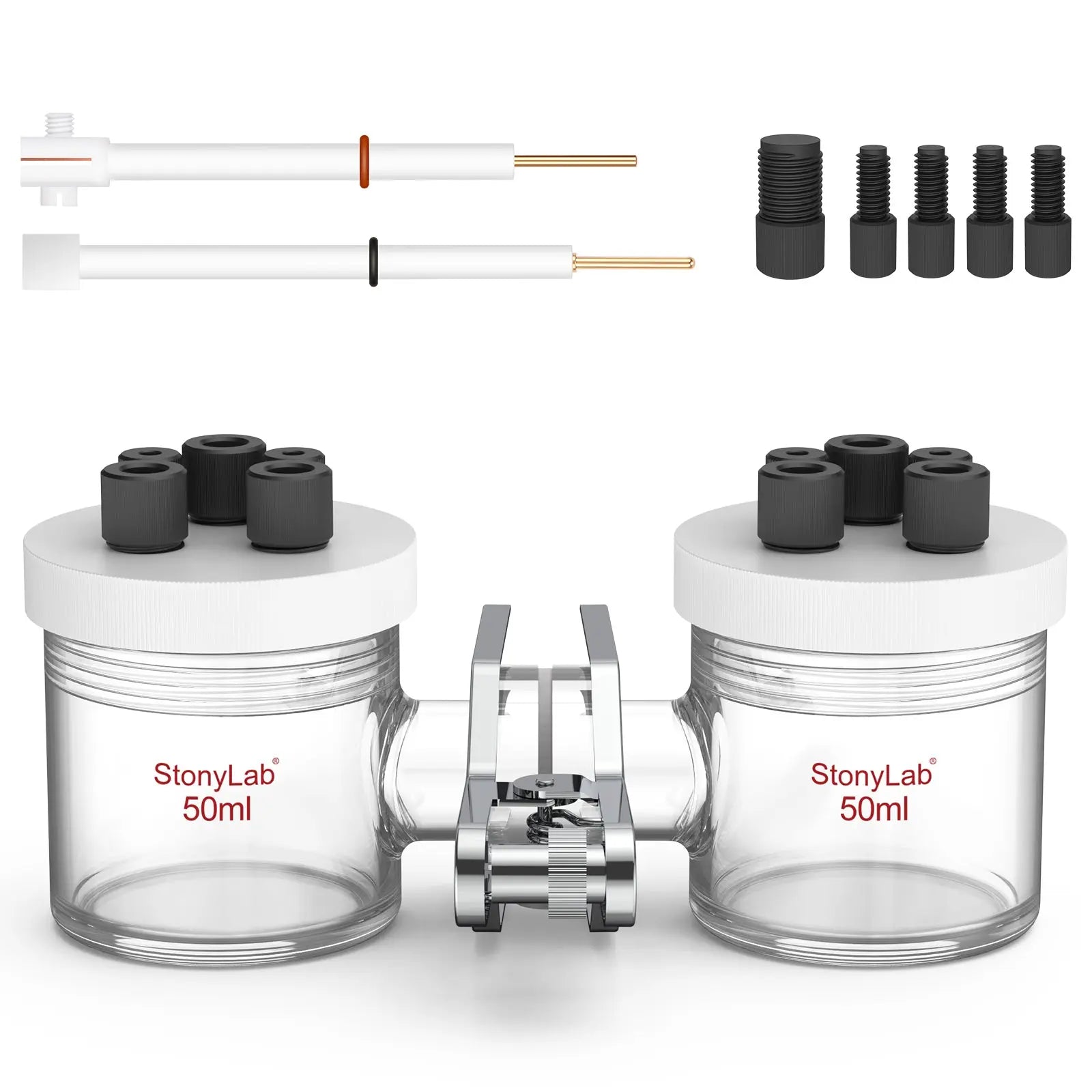 Comprehensive product view and setup components for StonyLab H-Type Electrolytic Cells with Two Electrodes [50-500 ml]