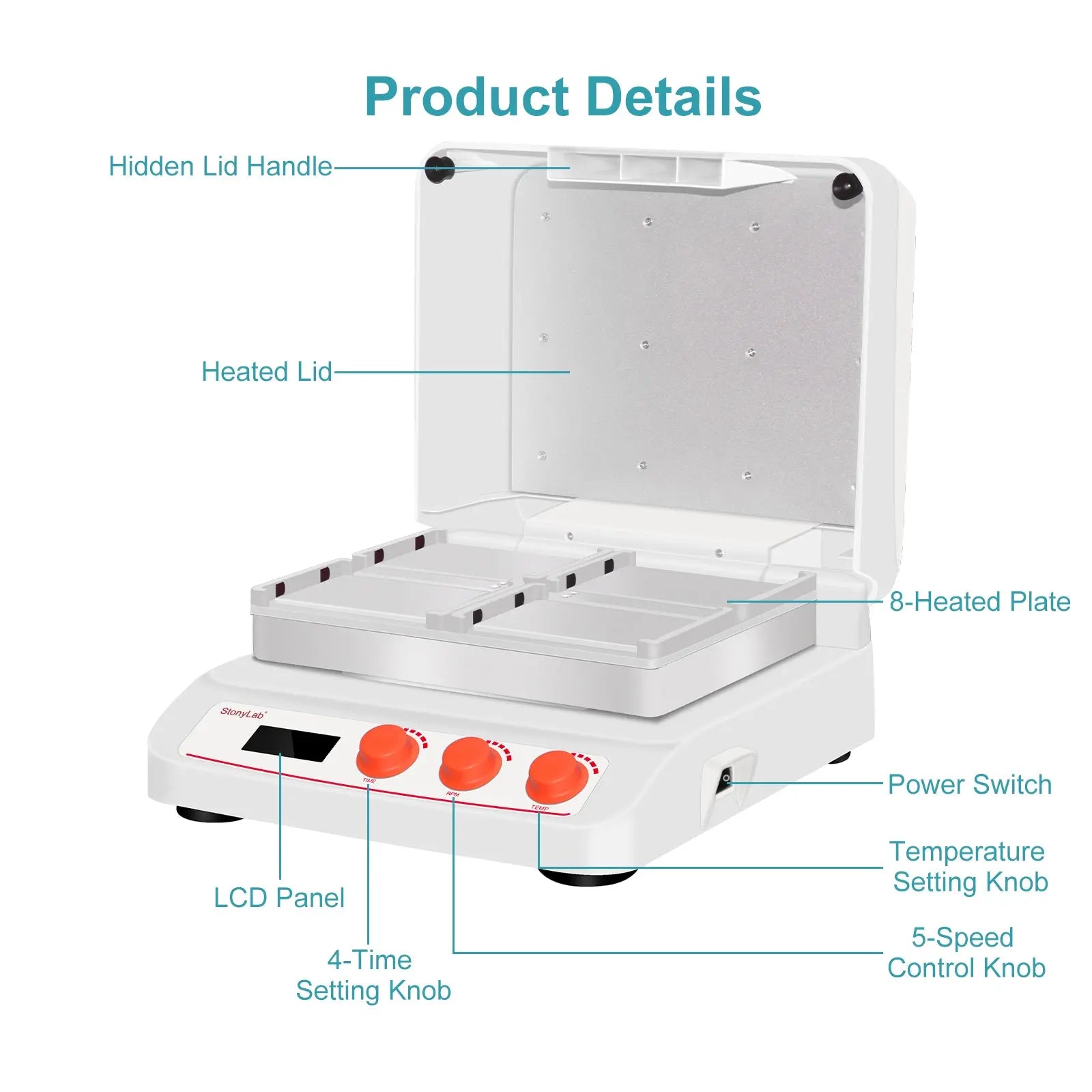 Close-up view showing the precise design and material of StonyLab Heated Microplate Shaker
