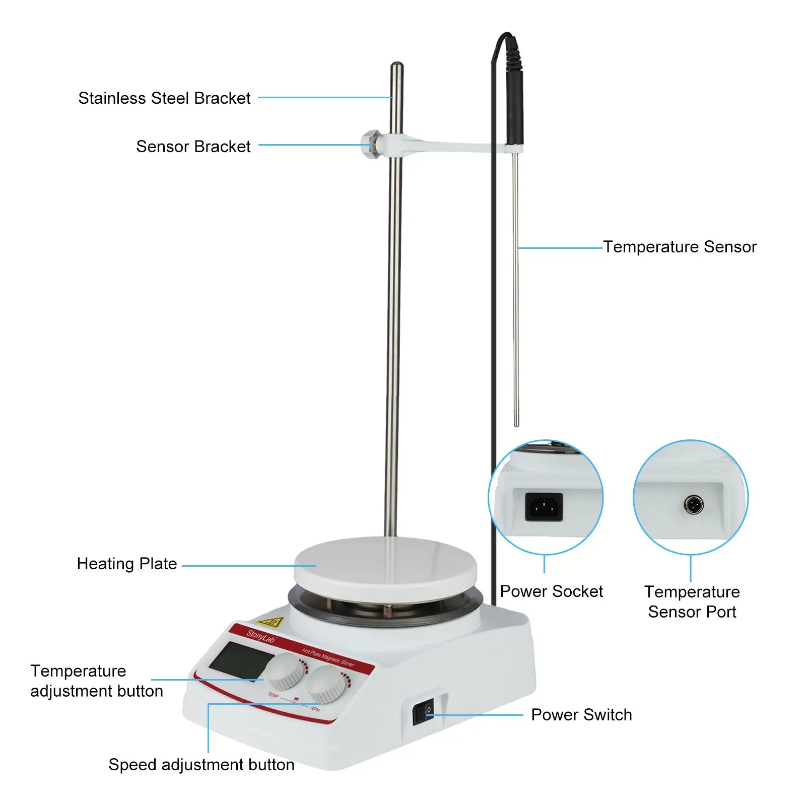 Comprehensive product view and setup components for StonyLab Digital Heating Magnetic Stirrer with Temperature Sensor