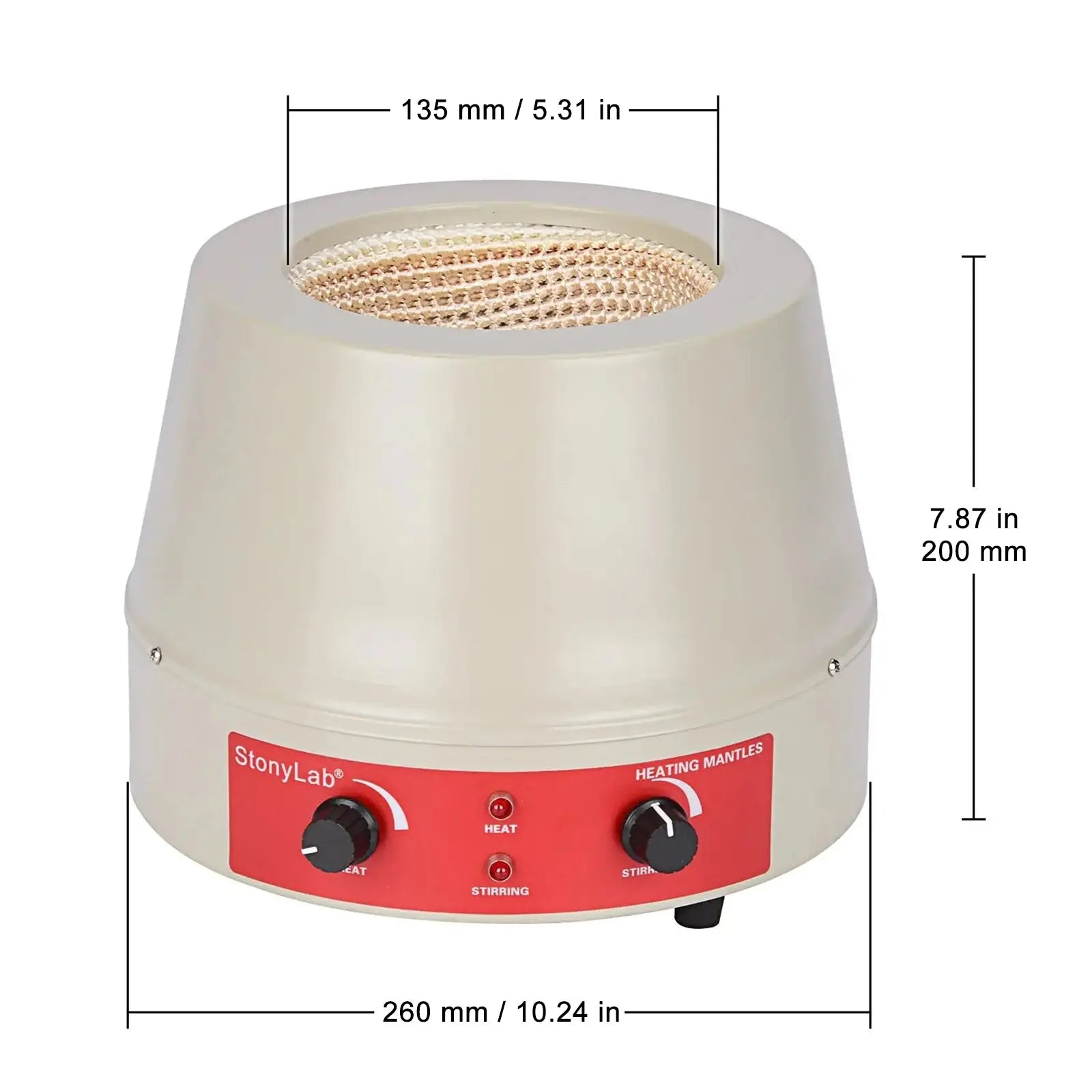Side view and dimensional layout of the durable StonyLab Heating Mantle