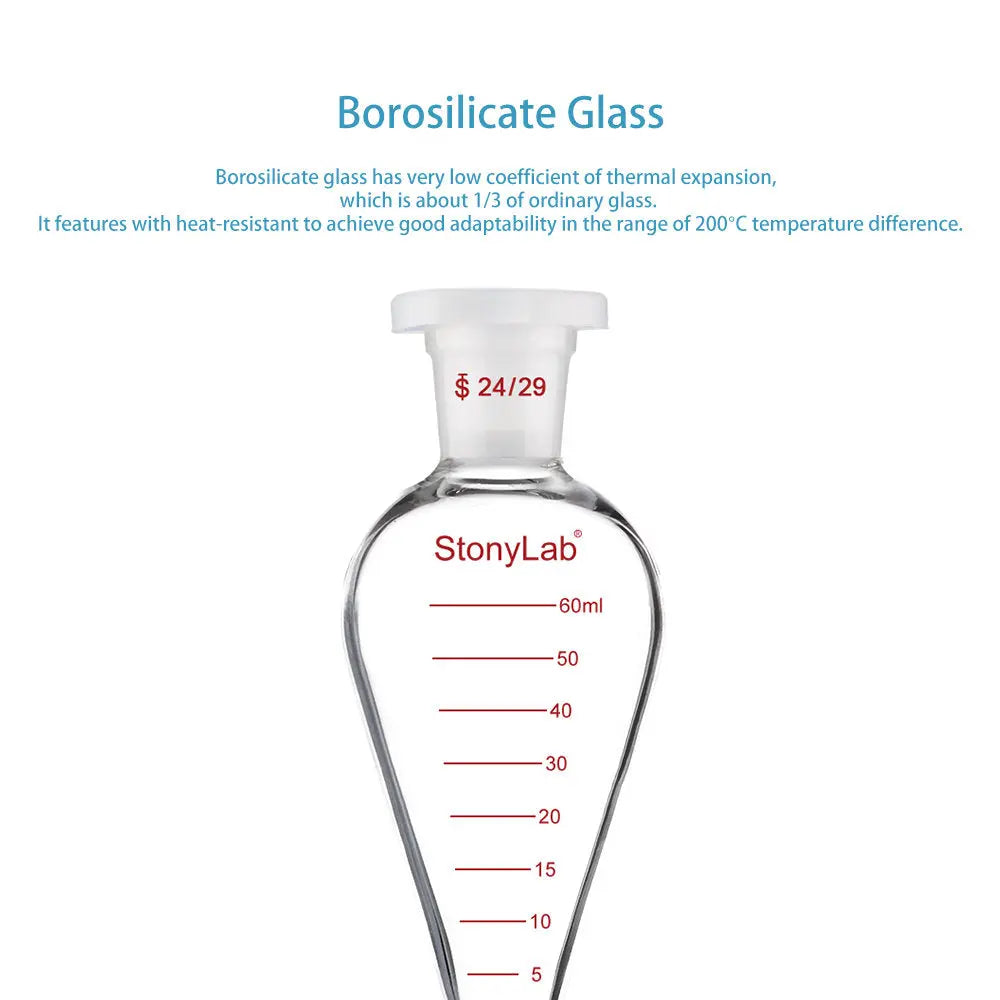 Side view and dimensional layout of the durable StonyLab Graduated Separatory Funnel with 24