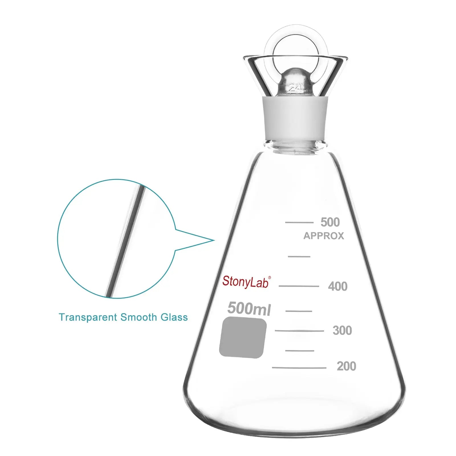 Side view and dimensional layout of the durable StonyLab Iodine Flask with Stopper