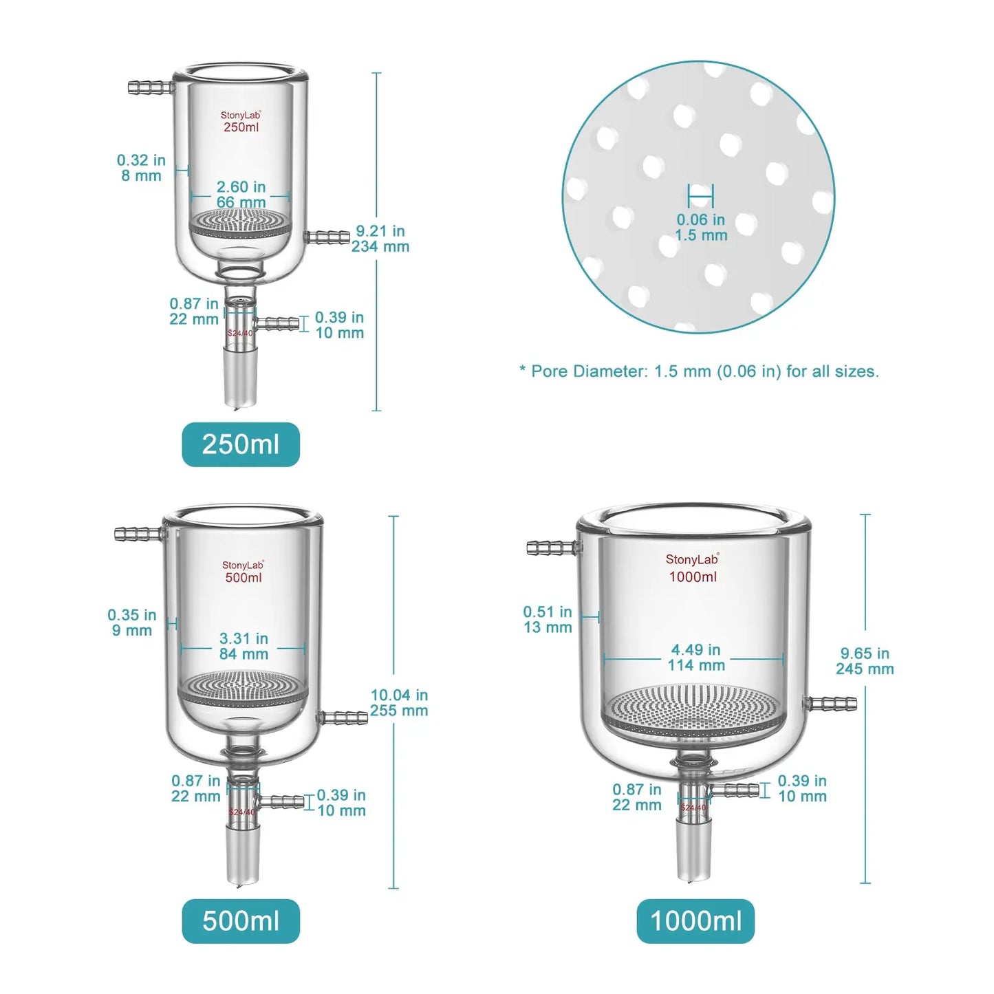 Jacketed Buchner Filter Funnel, 1.5 mm Pore Glass Plate, 250-1000 ml, 24/40 Male Joint and Vacuum Port Funnels-Buchner