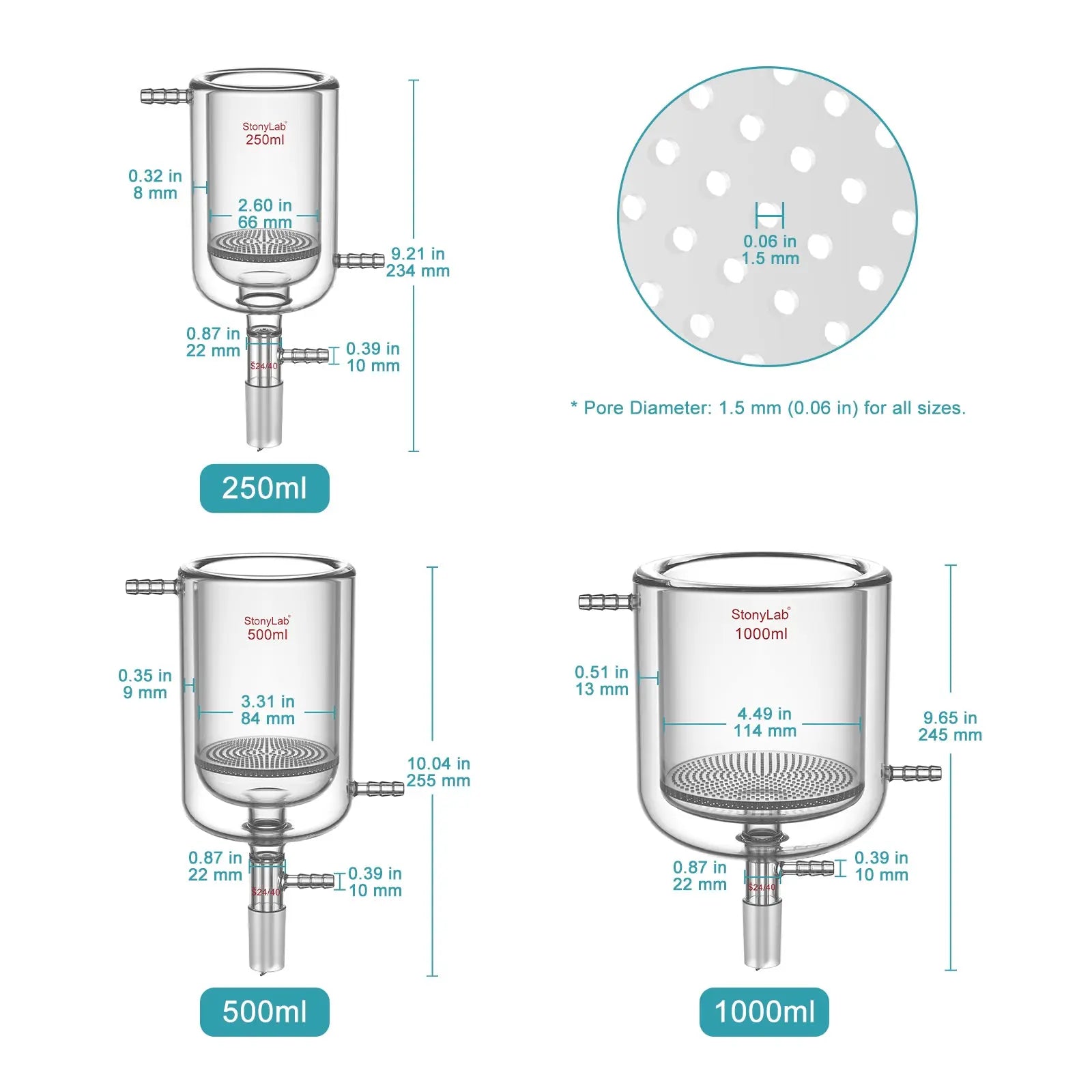 Jacketed Buchner Filter Funnel, 1.5 mm Pore Glass Plate, 250-1000 ml, 24/40 Male Joint and Vacuum Port Funnels-Buchner