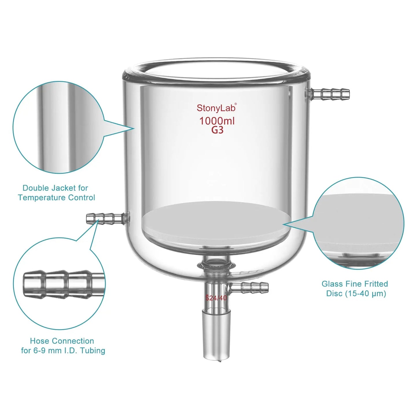 Jacketed Buchner Filter Funnel, Fine Frit (15-40μm), 250-1000 ml Funnels-Buchner
