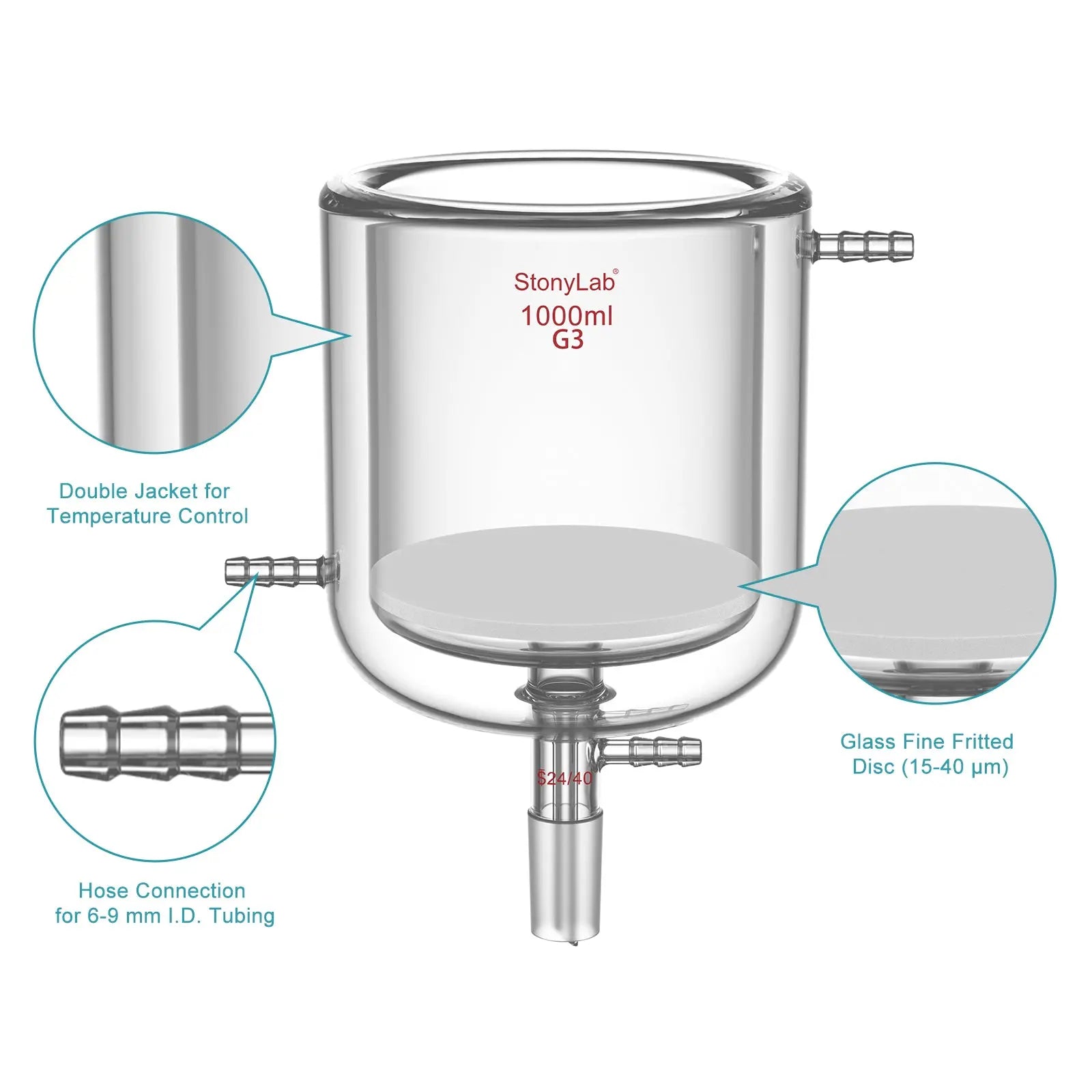 Jacketed Buchner Filter Funnel, Fine Frit (15-40μm), 250-1000 ml Funnels-Buchner