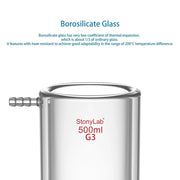 Side view and dimensional layout of the durable StonyLab Jacketed Buchner Filter Funnel