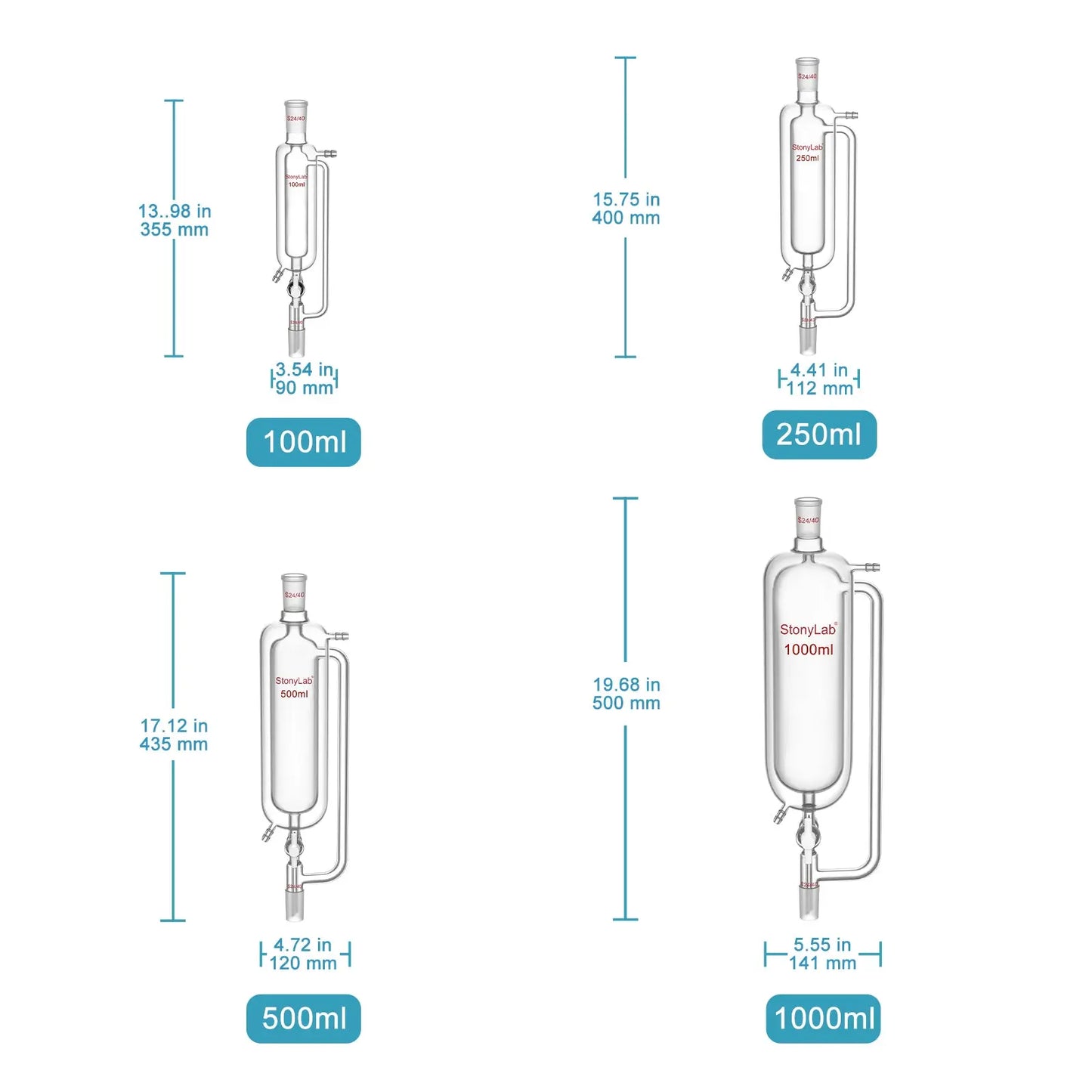 Jacketed Pressure Equalizing Graduated Addition Funne, 24/40 Joints, PTFE Stopcock, 100-1000 ml Funnels-Pressure Equalizing Addition
