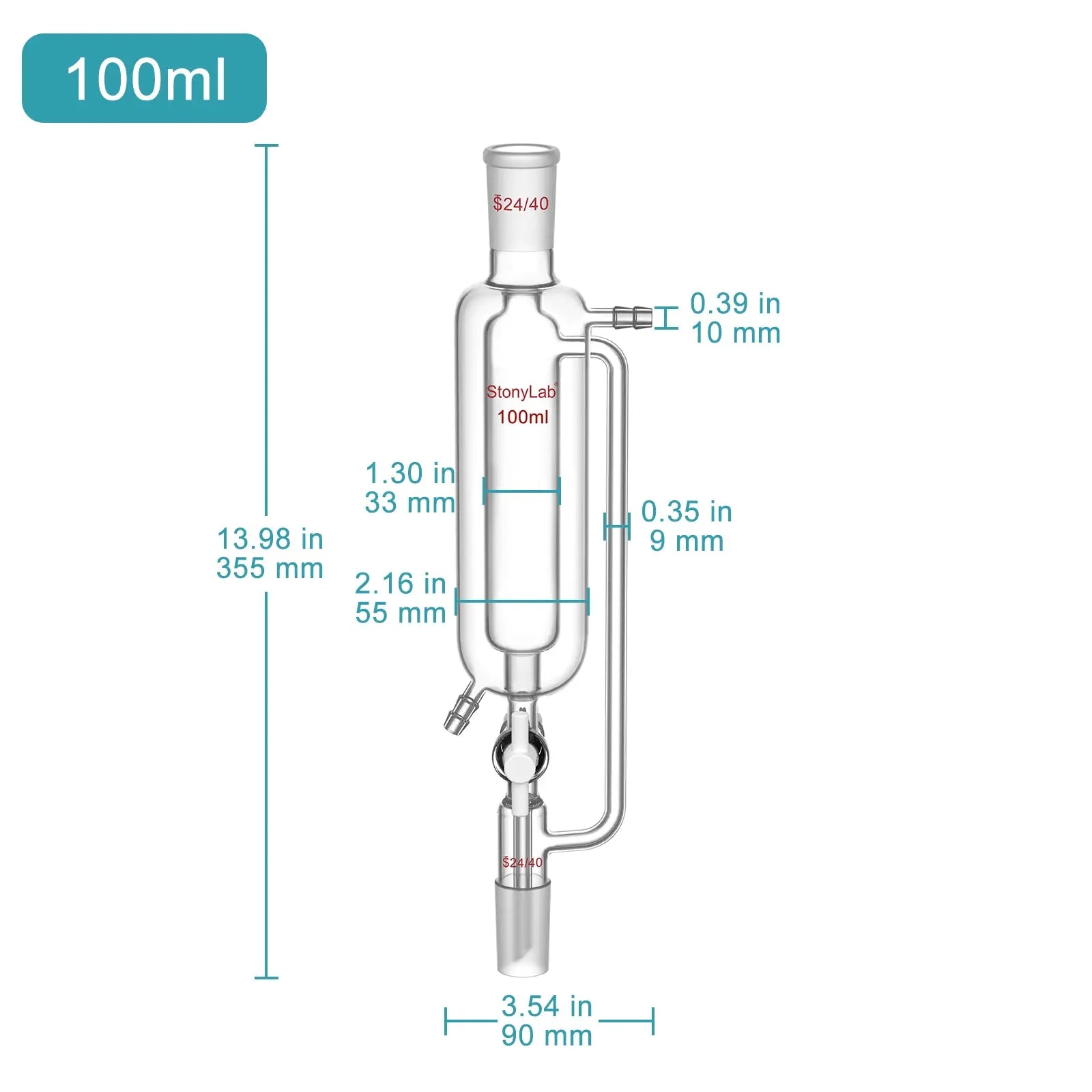 Side view and dimensional layout of the durable StonyLab Jacketed Pressure Equalizing Addition Funnel