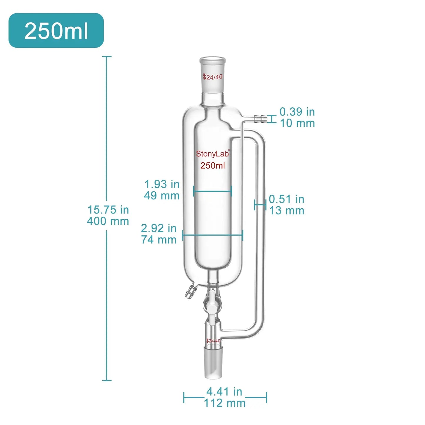 Jacketed Pressure Equalizing Graduated Addition Funne, 24/40 Joints, PTFE Stopcock, 100-1000 ml Funnels-Pressure Equalizing Addition